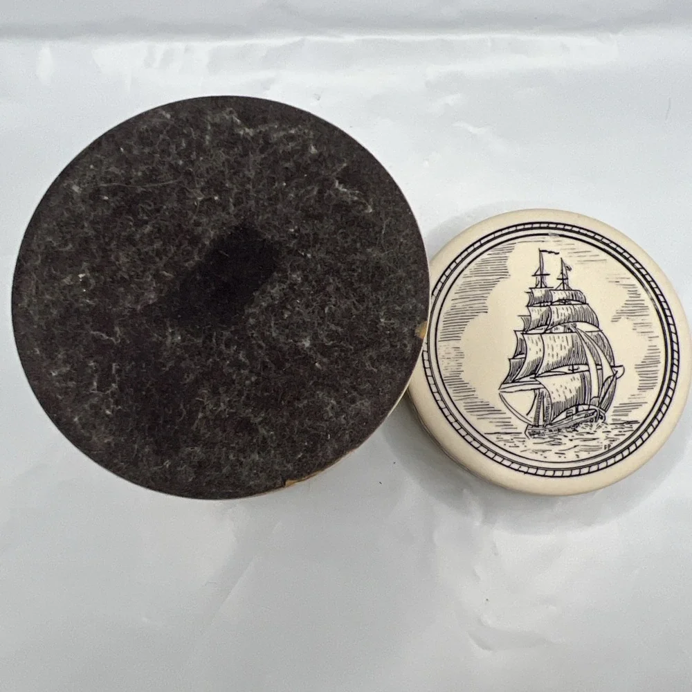 Vtg Comoy's of London Round Faux Scrimshaw Trinket Box Nautical Sailing Ship Lid